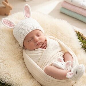 Little Me Easter bunny hat & slippers white & pink adorable gift 0-6 months